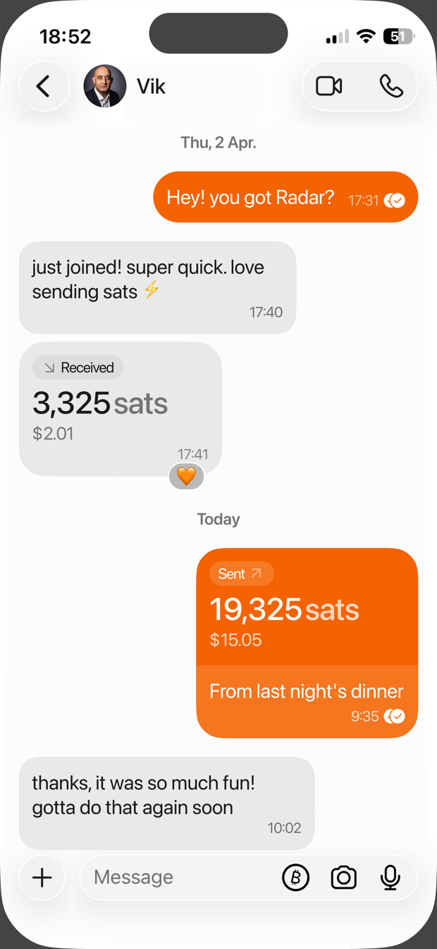 A Radar chat sending 19,325 sats for last night's dinner, right inside the conversation.
